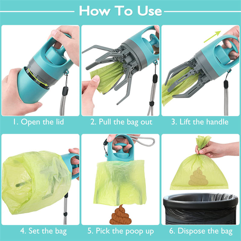 Portable Lightweight Dog Waste Scooper with Integrated Poop Bag Dispenser and Eight-Claw Shovel for Pet Clean-Up Solutions